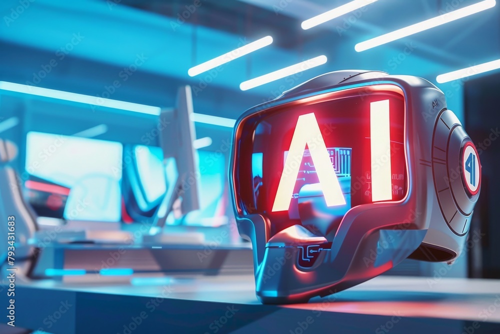 Fototapeta premium A striking helmet with 'AI' inscription and red illumination, symbolizing advanced artificial intelligence technology