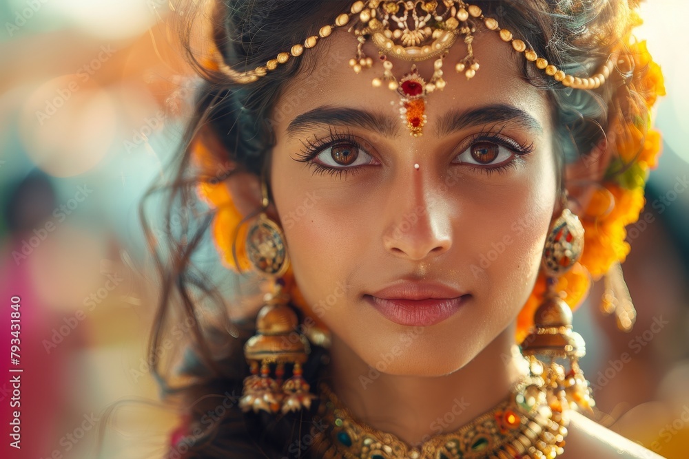Obraz premium A young Indian girl poses with intricate traditional jewelry and a penetrating gaze