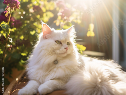 A white cat with a collar is laying on a wooden bench
