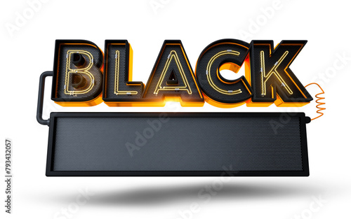 3D render of Black Friday seal with metal background and in black and orange color with lights and cables for composition photo