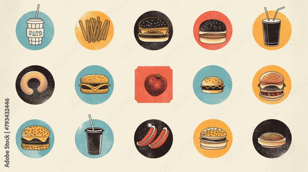 A variety of circular vector design elements highlighting the charm and personality of various fast Food offering versatility for creative projects