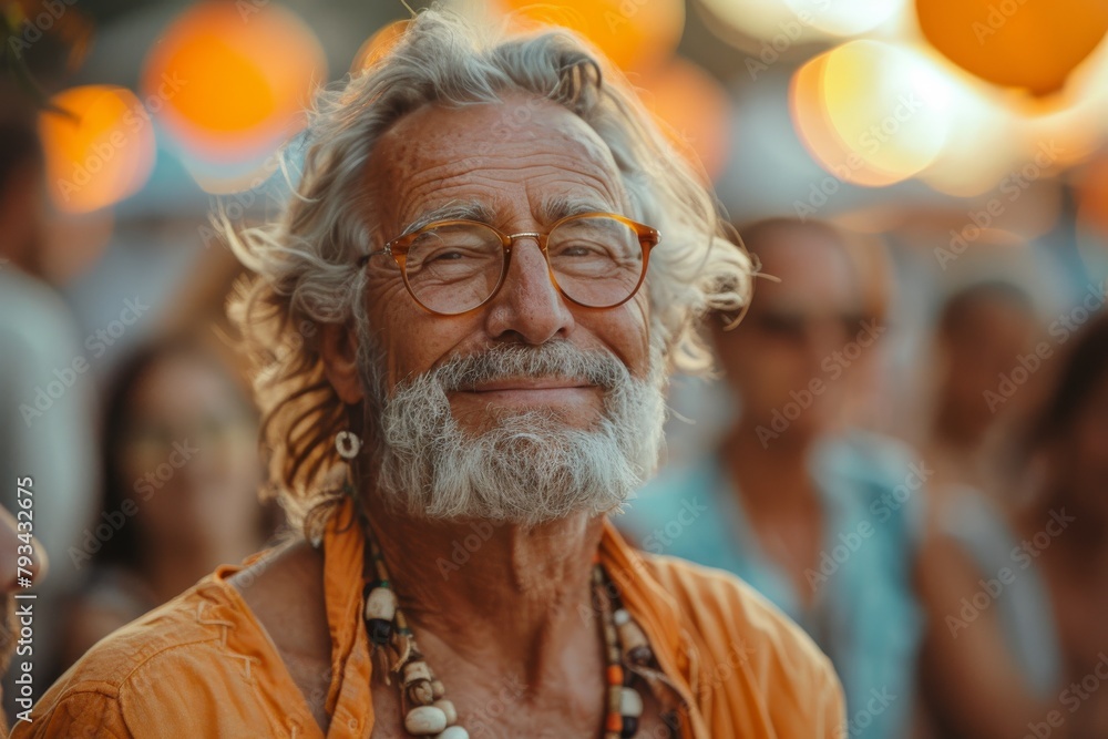 Elderly man wearing glasses and smiling broadly in a festive summer setting with a blurred crowd Elderly man wearing glasses and smiling broadly in a festive summer setting with a blurred crowd