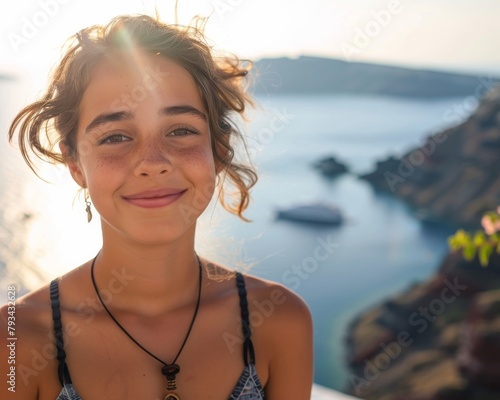 Fototapeta Naklejka Na Ścianę i Meble -  Girl on summer vacation in Greece, Santorini. European family holiday travel photo concept. Aegean sea and gorgeous island sunset in background. 
