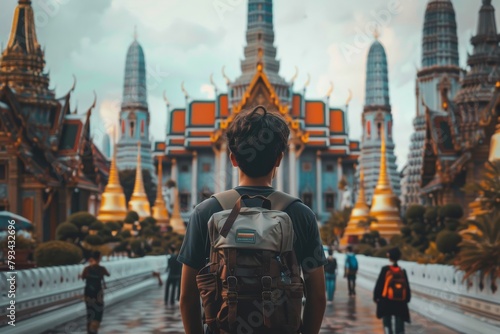 A lone traveler with backpack stands contemplating the intricate architecture of a grand Temple