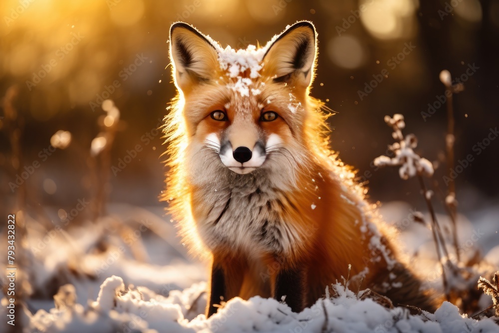 Red fox with red fur A straight-faced stands out against the snowy winter landscape. There is sunlight shining as Rim Light.