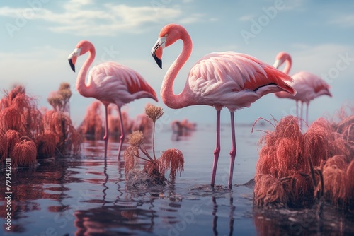 A flock of elegant pink flamingos stands in the shallow water. The atmosphere is warm and quiet.