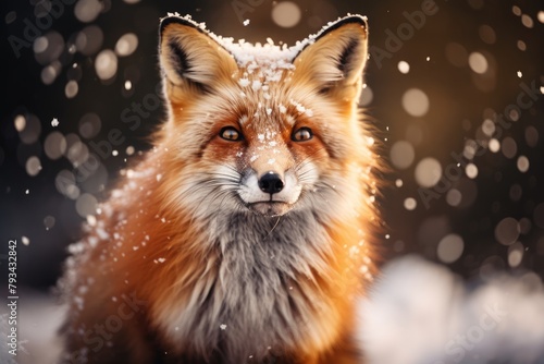 Red fox with red fur A straight-faced smile stands out against the snowy winter landscape. There is sunlight shining as Rim Light. © winnie