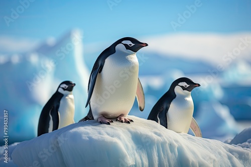 penguins stands on a snow-covered rock in the polar regions  with a backdrop of icy terrain and a cold sea