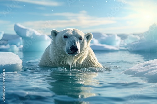 A scene with polar bears in their Arctic habitat, swimming in the cold water photo