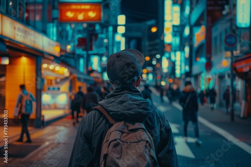 A man standing in a brightly lit urban street at night, exploring the bustling city life surrounded by neon signs