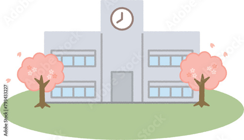桜が咲いている小学校の校舎
