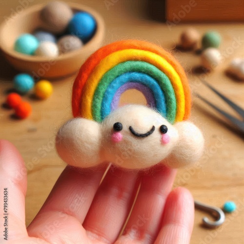 Colorful crocheted characters with a rainbow