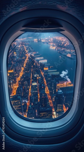 view of an urban cityscape at night with glowing lights from the airplane window © DailyLifeImages