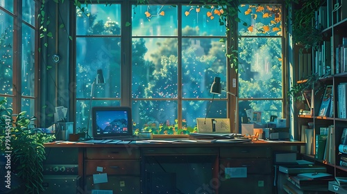 Chill Jungle Workspace: Lofi Anime Manga Style, Messy Desk, Colorful Study, Cozy Atmosphere