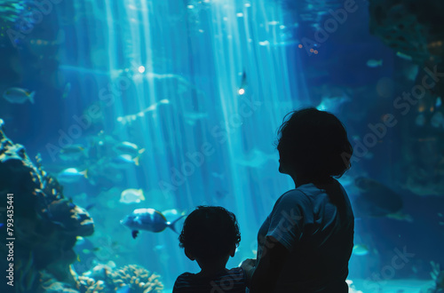 a child and his mother in an aquarium, watching fish through the glass of large tunnel tank