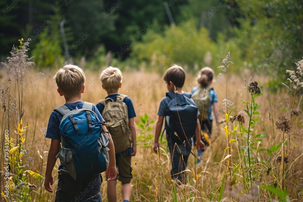 Group of kids with backpacks walking through the meadow in summer Group of kids with backpacks walking through the meadow in summer
