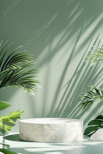a white concrete stone product showcase podium platform with green leaves and minimalist nature themed background