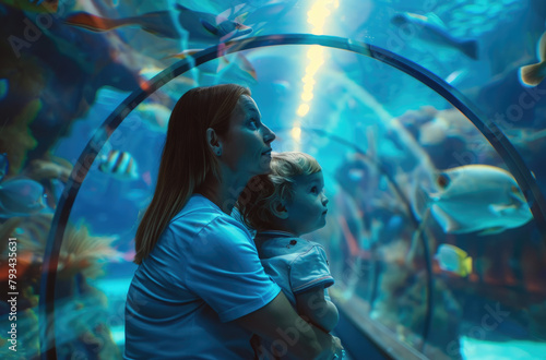 a child and his mother in an aquarium, watching fish through the glass of large tunnel tank