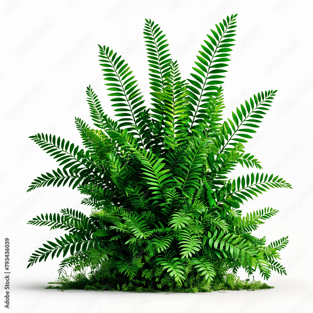 A vibrant green fern plant with intricate, feathery leaves, set against a plain white background. A vibrant green fern plant with intricate, feathery leaves, set against a plain white background.
