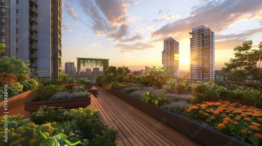 Fototapeta premium A rooftop garden with a view of the city