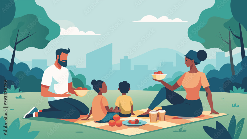 A family enjoying a picnic in the park surrounded by their reusable bamboo picnic ware and locally made snacks from a small