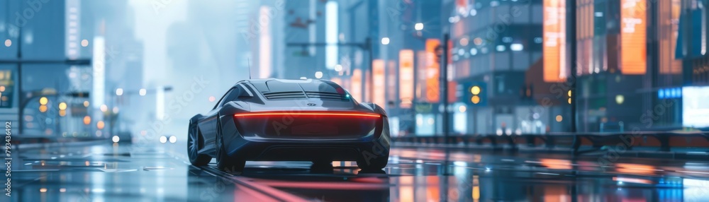 A sleek silver sports car drives through a rainy city street at night, reflecting the city lights.