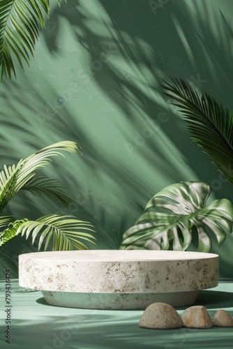 a white concrete stone product showcase podium platform with green leaves and minimalist nature themed background © DailyLifeImages