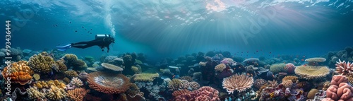 A scuba diver explores a beautiful coral reef. photo