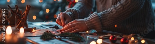 A woman's hands making a Christmas decoration