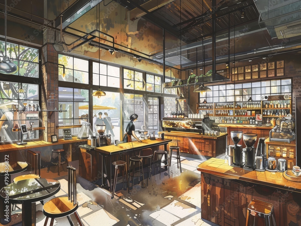 An anime style painting of a coffee shop interior with a large glass window, wooden tables and chairs, and a barista making coffee. An anime style painting of a coffee shop interior with a large glass window, wooden tables and chairs, and a barista making coffee.