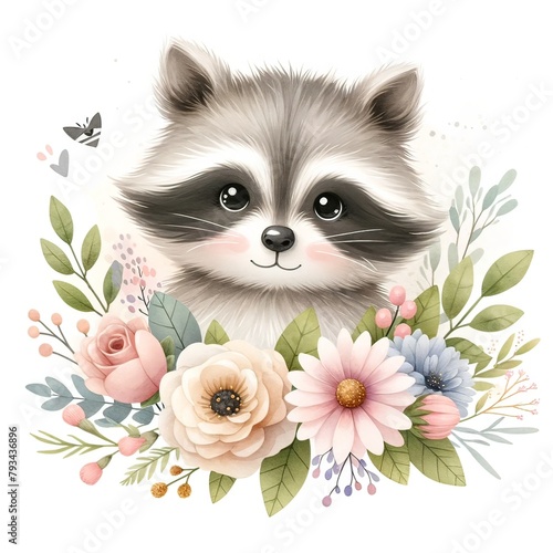 illustration A cute raccoon watercolor clipart of a tree, with soft colors and white background. The tree should be full and lush, with a wide canopy of leaves