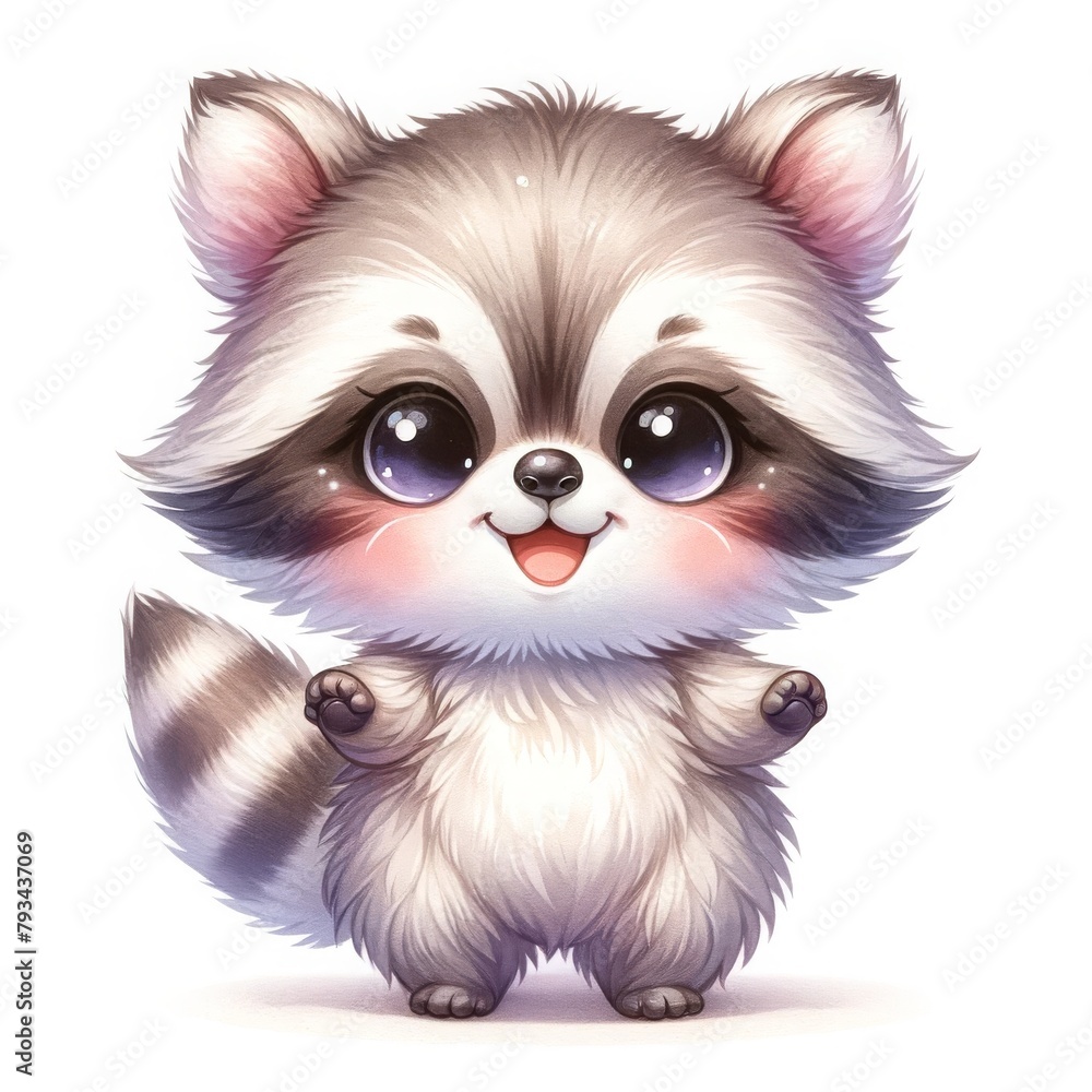 Naklejka premium illustration A cute raccoon watercolor clipart , with soft colors and white background. The tree should be full and lush, with a wide canopy of leaves