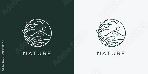 Tree ,mountain, river, sun