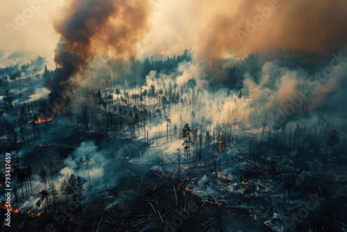 Aerial view of a forest fire in a dry region, showcasing the devastation of wildfire. the impact of global warming on increased wildfire occurrences photo