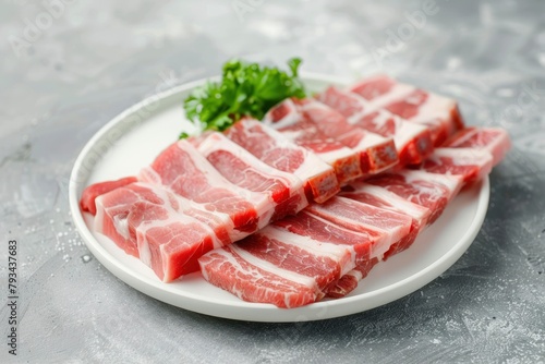 Sliced belly pork for shabu or Japanese hot pot in white plate on grey background - generative ai