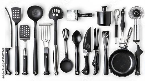 culinary creations featuring a variety of knives and utensils, including a long knife, black spatul photo