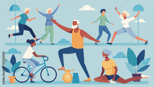 A montage of older adults participating in different activities such as gentle yoga swimming and bike riding highlighting the variety and
