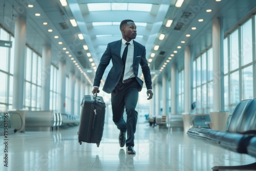 An African American businessman in a suit rushing through an airport with a suitcase. the impact of global warming on increased wildfire occurrences photo