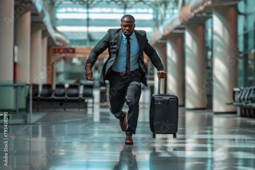 An African American businessman in a suit rushing through an airport with a suitcase. the impact of global warming on increased wildfire occurrences