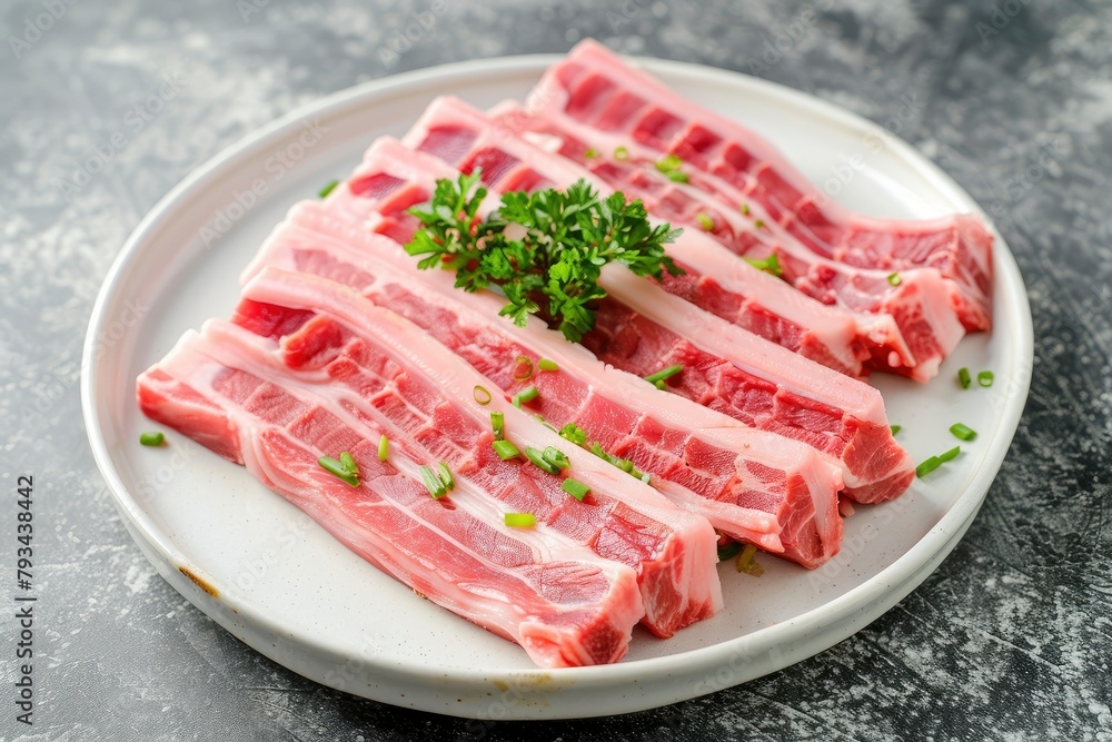 Sliced belly pork for shabu or Japanese hot pot in white plate on grey background - generative ai