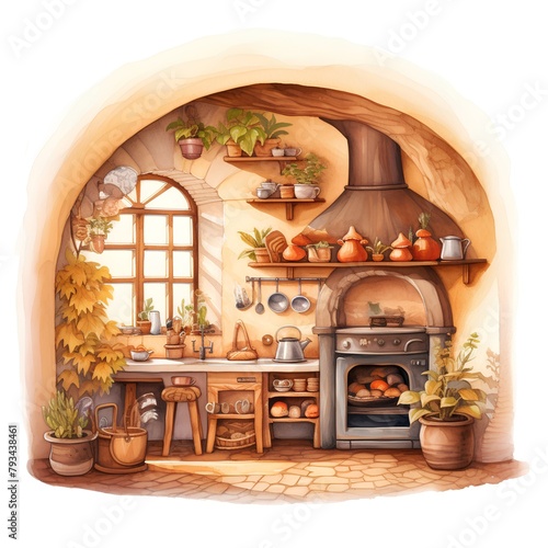 Illustration of a cozy kitchen with a fireplace, a wooden oven, a kettle, a cupboard, a panoramic window.