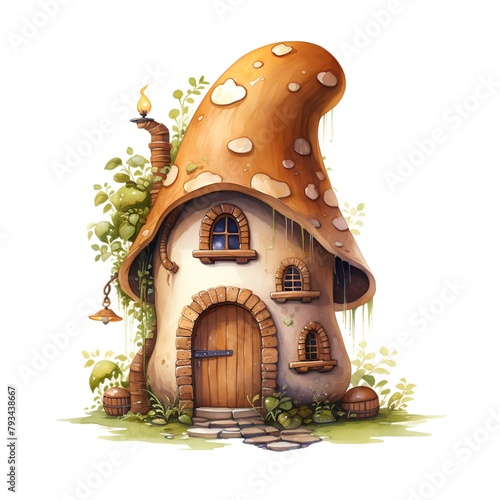 Watercolor illustration of a fairytale house with a mushroom. photo