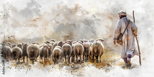 Shepherd: The Flock of Sheep and Protective Staff - Visualize Jesus with a flock of sheep and a protective staff, illustrating his role as a shepherd.