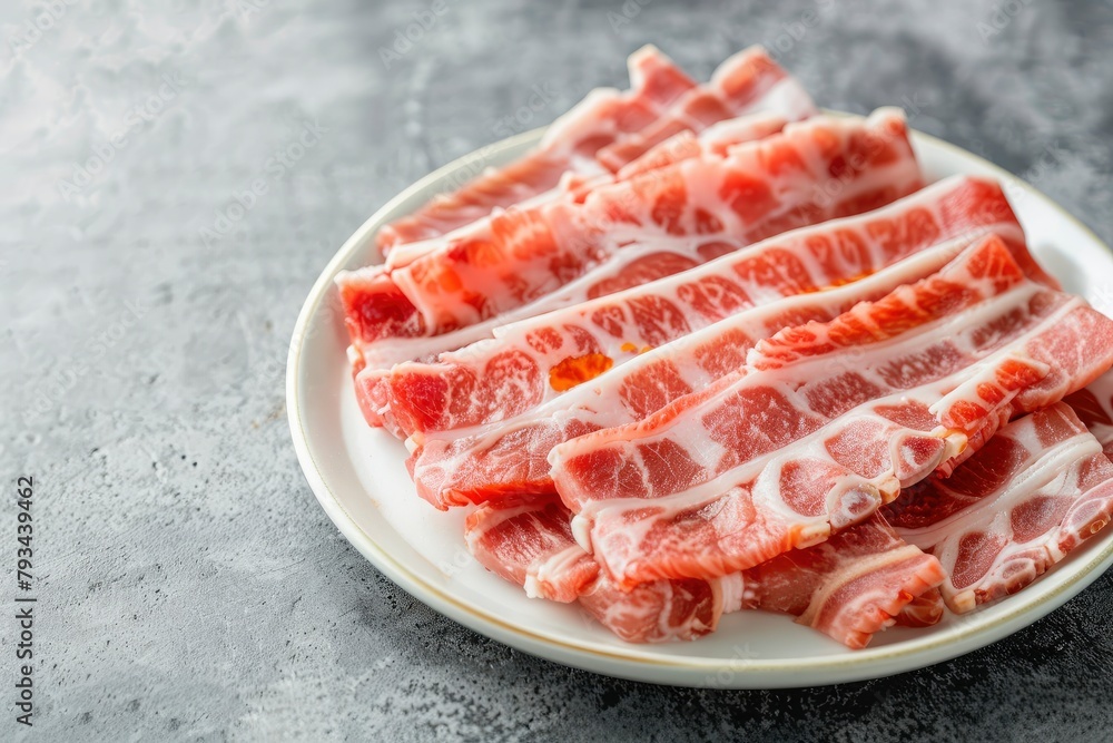 Sliced belly pork for shabu or Japanese hot pot in white plate on grey background - generative ai Sliced belly pork for shabu or Japanese hot pot in white plate on grey background - generative ai