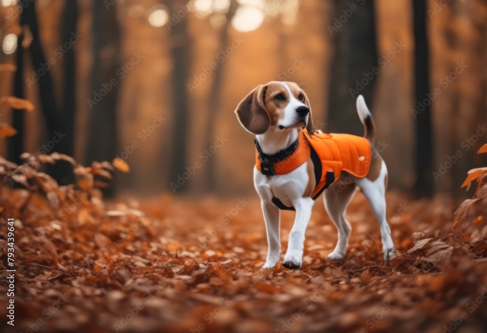 A Cute and Adorable Beagle Hunting Dog in Full Hunter's Orange Gear in a Beautiful Fall Woods Scene