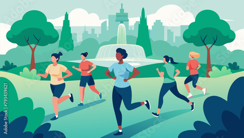 A group of joggers participate in a charity run through a sprawling park their matching event tshirts a sea of color as they pass by lush green