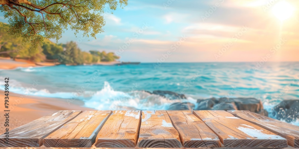 Obraz premium table wooden on sea beach