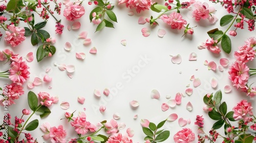A round frame crafted from delicate pink flowers and petals adorned with vibrant green leaves set against a white background with a charming floral pattern Presented in a flat lay style fro © 2rogan