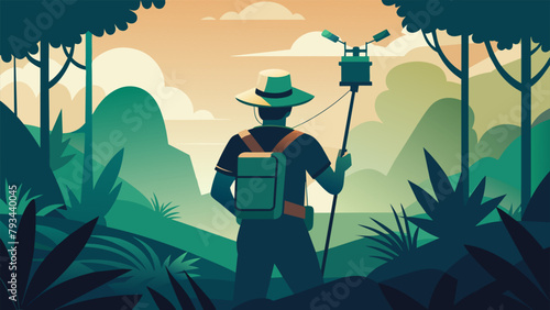 A person dressed in a safari outfit trekking through a jungle with a backpack filled with routers and antennas on a mission to find a reliable