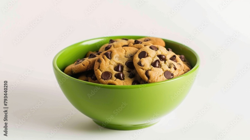 Chocolate chip cookies in a green bowl against a white backdrop Chocolate chip cookies in a green bowl against a white backdrop